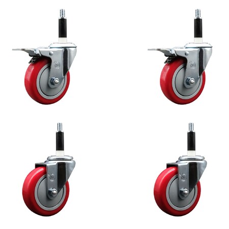 Service Caster 4'' Red Poly Swivel 7/8'' Expanding Stem Caster Set 2 Total Lock Brakes, 4PK SCC-EXTTL20S414-PPUB-RED-2-S-2-78